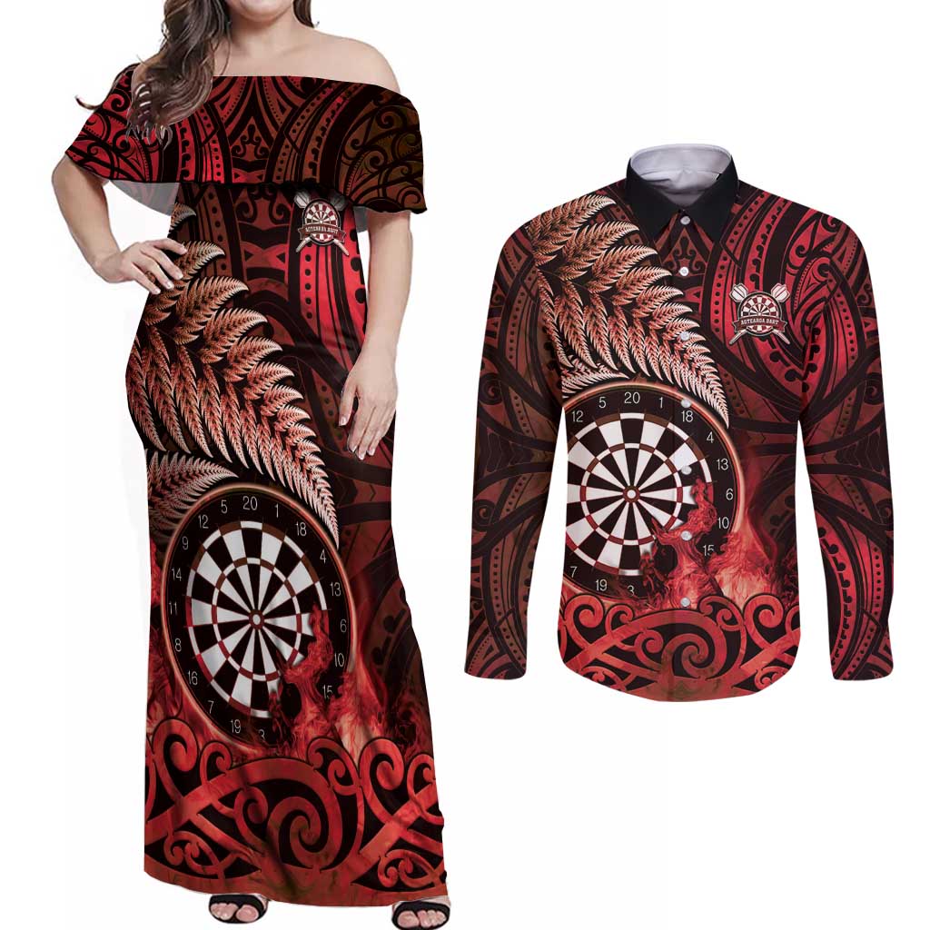 Personalised New Zealand Darts Couples Matching Off Shoulder Maxi Dress and Long Sleeve Button Shirt Maori Koru Dartboard Red Flame