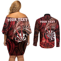 Personalised New Zealand Darts Couples Matching Off Shoulder Short Dress and Long Sleeve Button Shirt Maori Koru Dartboard Red Flame