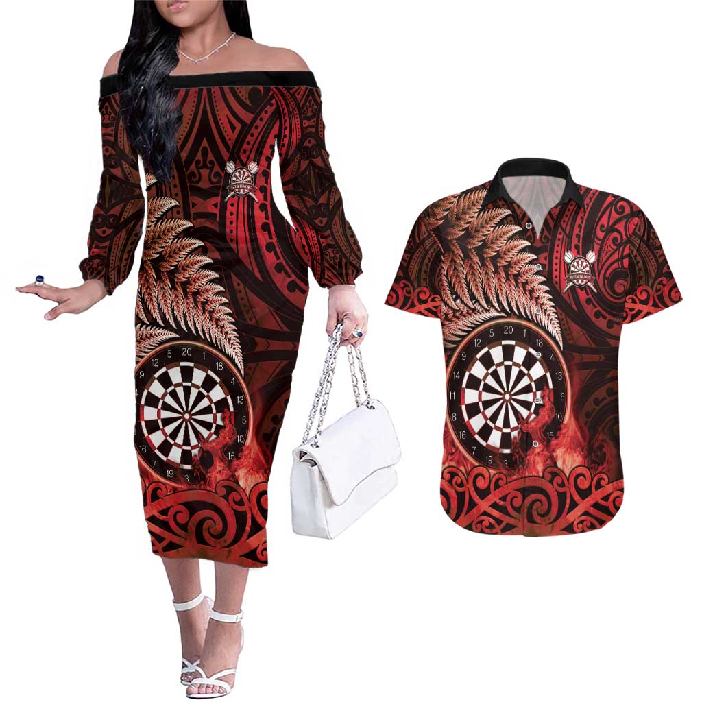 Personalised New Zealand Darts Couples Matching Off The Shoulder Long Sleeve Dress and Hawaiian Shirt Maori Koru Dartboard Red Flame