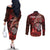Personalised New Zealand Darts Couples Matching Off The Shoulder Long Sleeve Dress and Long Sleeve Button Shirt Maori Koru Dartboard Red Flame