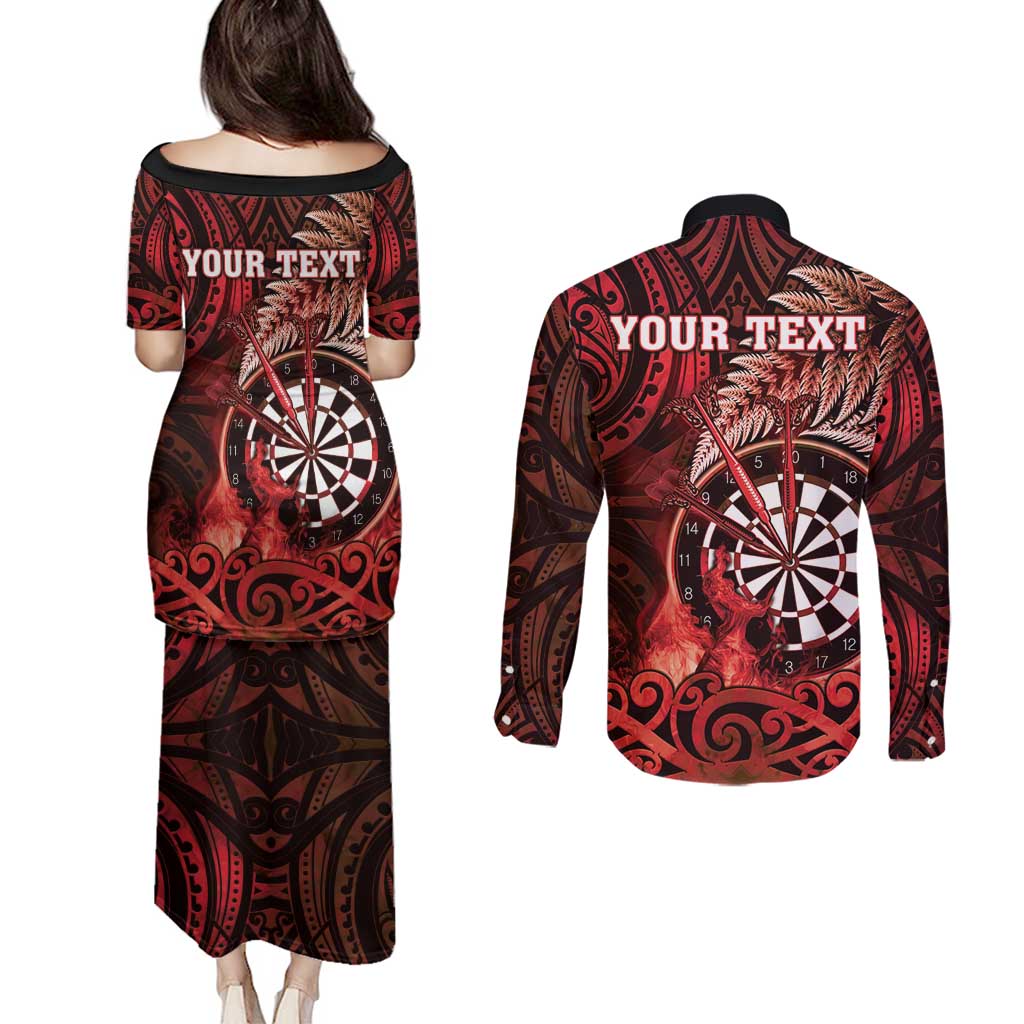 Personalised New Zealand Darts Couples Matching Puletasi and Long Sleeve Button Shirt Maori Koru Dartboard Red Flame