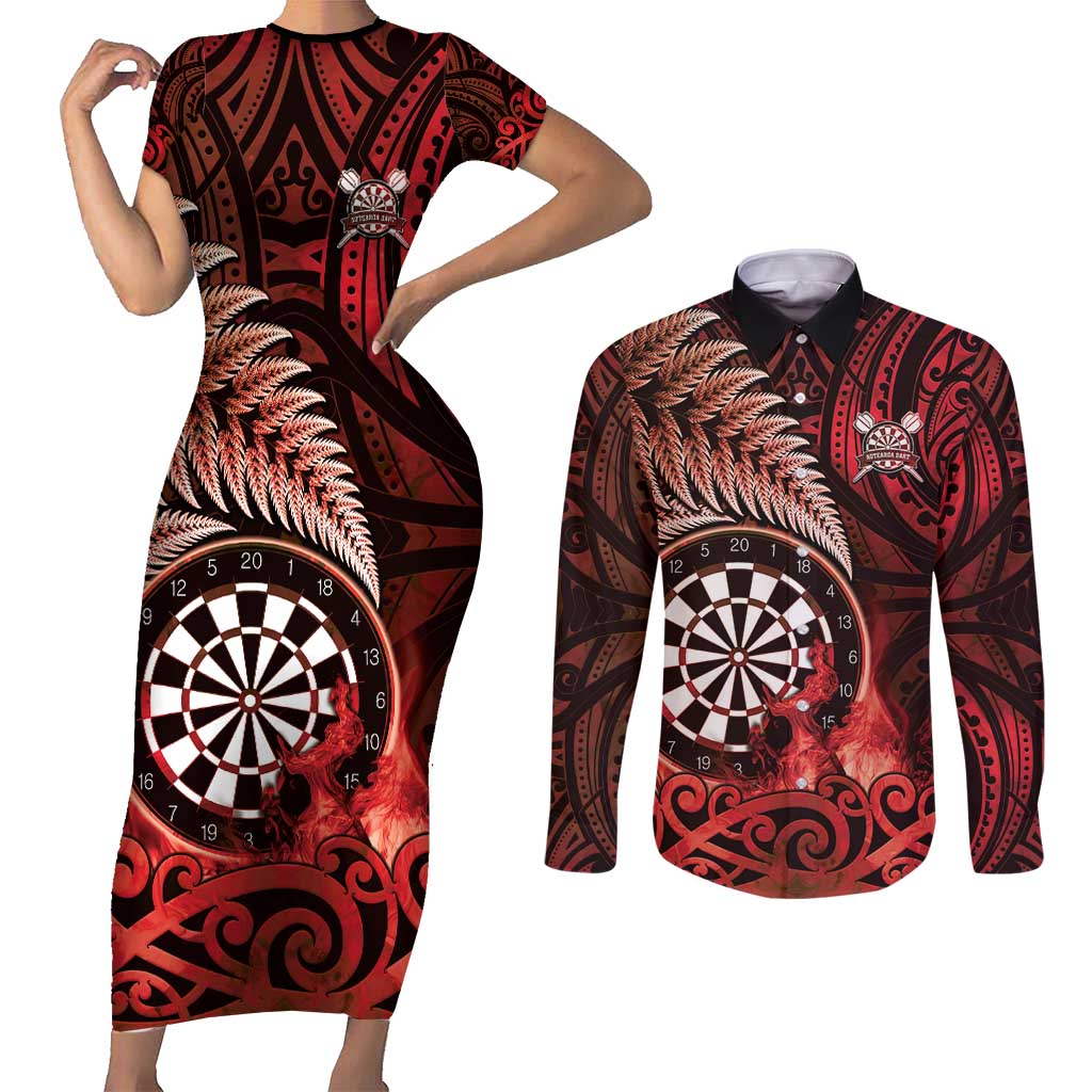 Personalised New Zealand Darts Couples Matching Short Sleeve Bodycon Dress and Long Sleeve Button Shirt Maori Koru Dartboard Red Flame