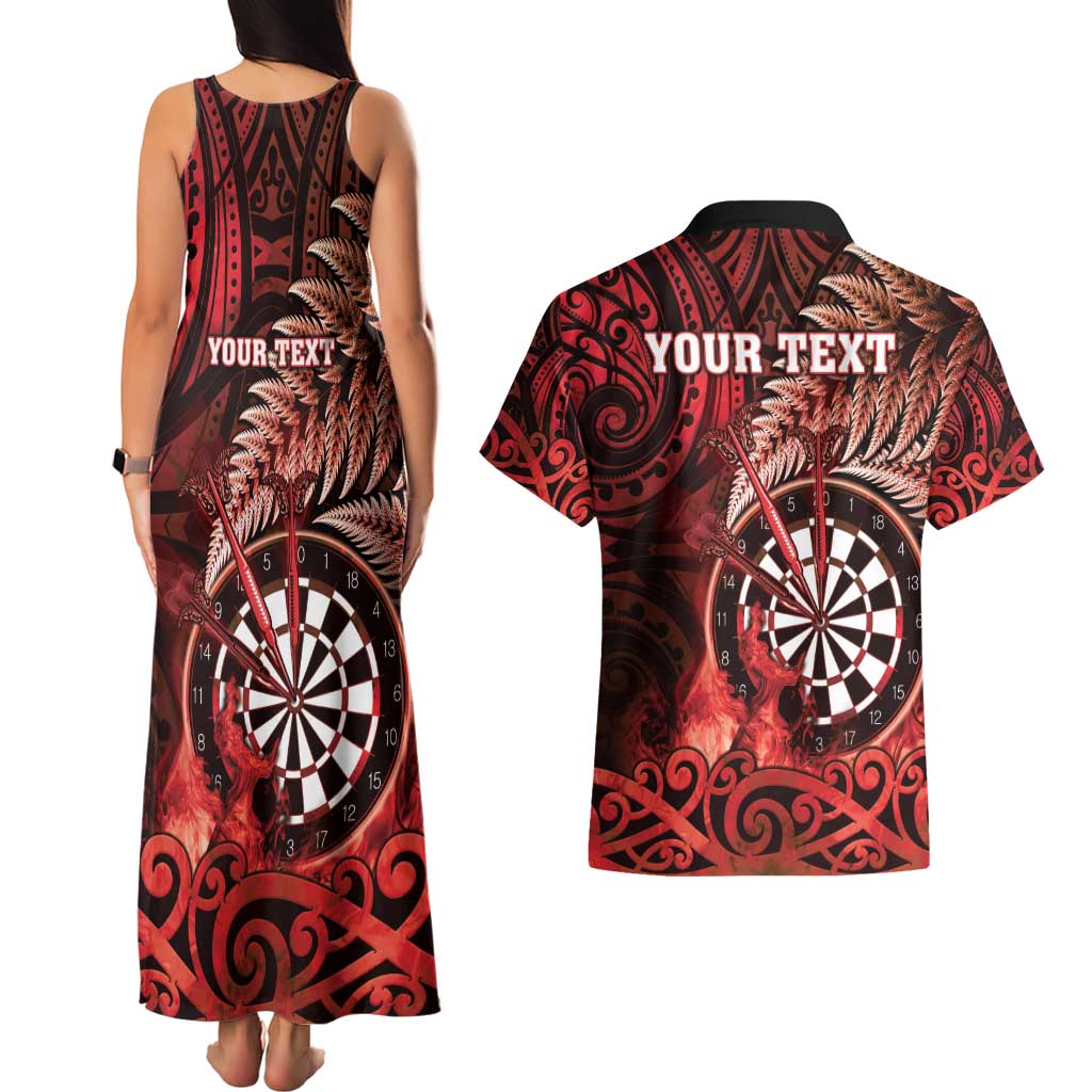 Personalised New Zealand Darts Couples Matching Tank Maxi Dress and Hawaiian Shirt Maori Koru Dartboard Red Flame