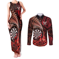 Personalised New Zealand Darts Couples Matching Tank Maxi Dress and Long Sleeve Button Shirt Maori Koru Dartboard Red Flame