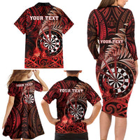 Personalised New Zealand Darts Family Matching Long Sleeve Bodycon Dress and Hawaiian Shirt Maori Koru Dartboard Red Flame