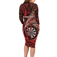 Personalised New Zealand Darts Family Matching Long Sleeve Bodycon Dress and Hawaiian Shirt Maori Koru Dartboard Red Flame