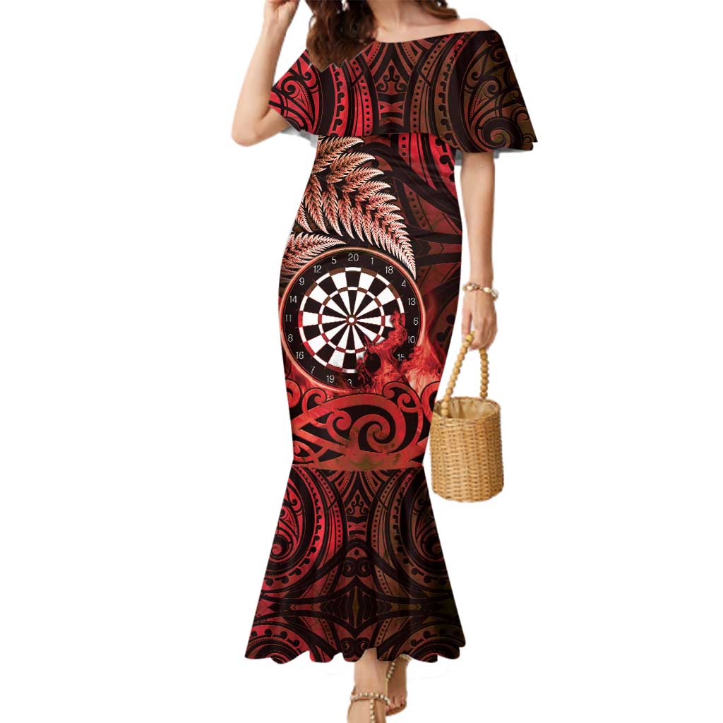 Personalised New Zealand Darts Family Matching Mermaid Dress and Hawaiian Shirt Maori Koru Dartboard Red Flame