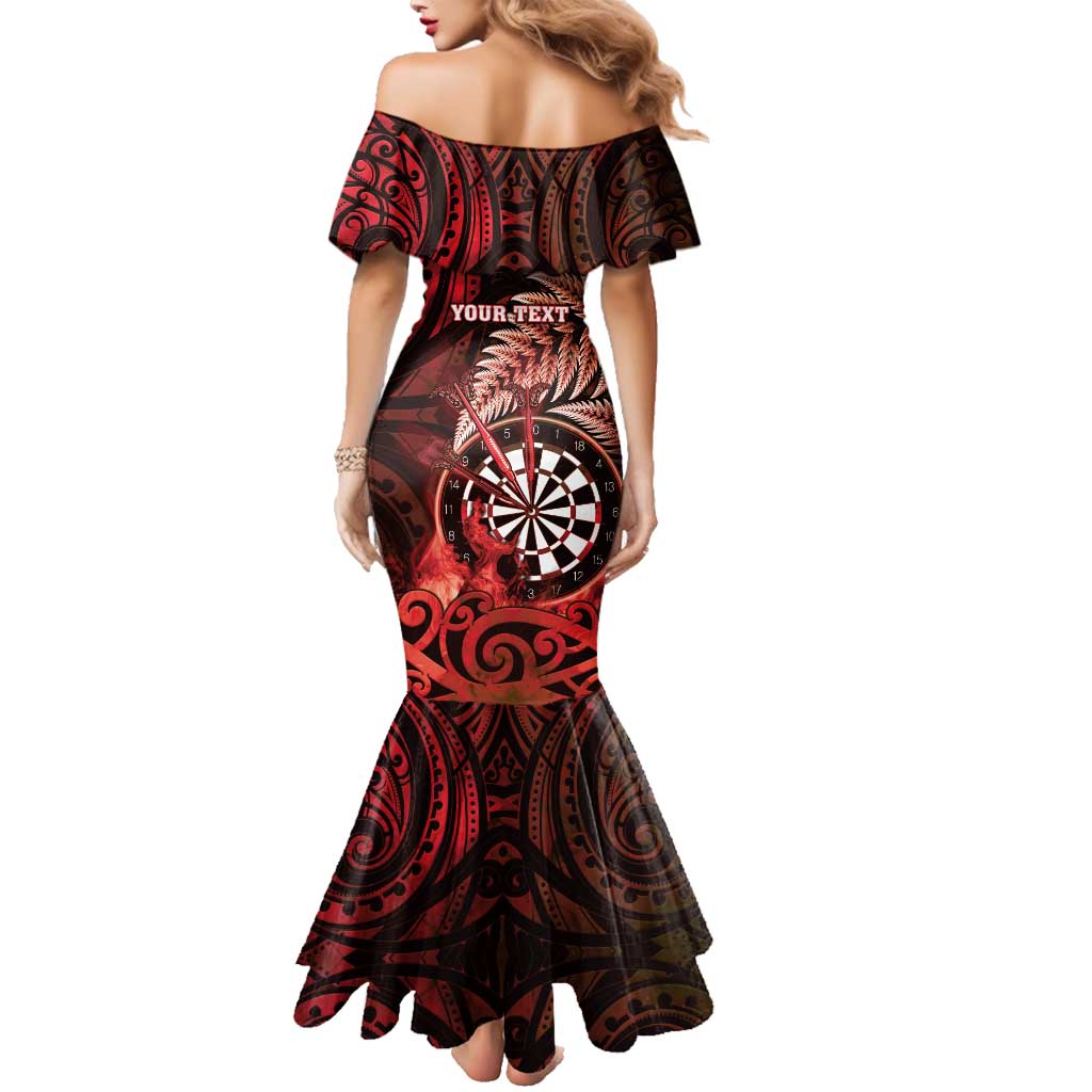 Personalised New Zealand Darts Family Matching Mermaid Dress and Hawaiian Shirt Maori Koru Dartboard Red Flame