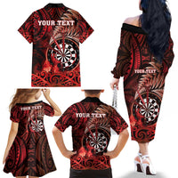 Personalised New Zealand Darts Family Matching Off The Shoulder Long Sleeve Dress and Hawaiian Shirt Maori Koru Dartboard Red Flame