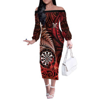 Personalised New Zealand Darts Family Matching Off The Shoulder Long Sleeve Dress and Hawaiian Shirt Maori Koru Dartboard Red Flame