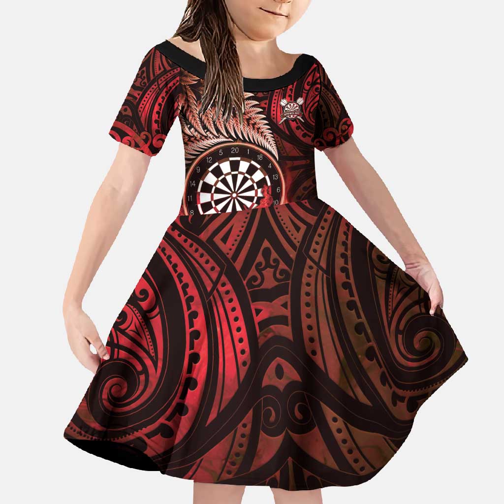 Personalised New Zealand Darts Family Matching Off Shoulder Maxi Dress and Hawaiian Shirt Maori Koru Dartboard Red Flame