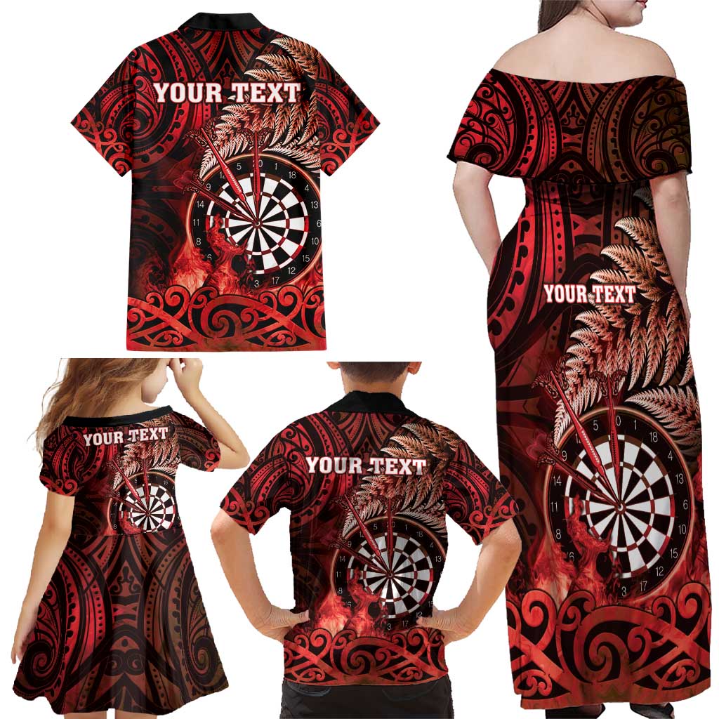 Personalised New Zealand Darts Family Matching Off Shoulder Maxi Dress and Hawaiian Shirt Maori Koru Dartboard Red Flame