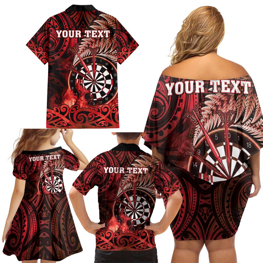 Personalised New Zealand Darts Family Matching Off Shoulder Short Dress and Hawaiian Shirt Maori Koru Dartboard Red Flame