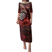 Personalised New Zealand Darts Family Matching Puletasi and Hawaiian Shirt Maori Koru Dartboard Red Flame