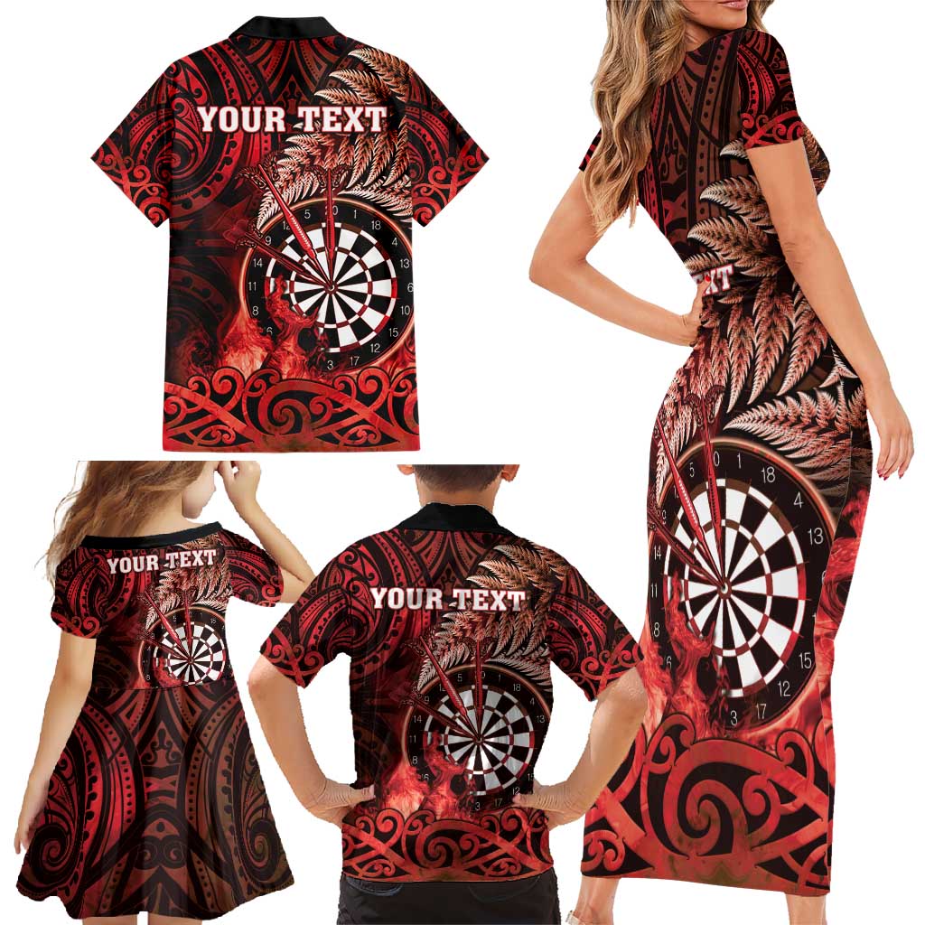Personalised New Zealand Darts Family Matching Short Sleeve Bodycon Dress and Hawaiian Shirt Maori Koru Dartboard Red Flame