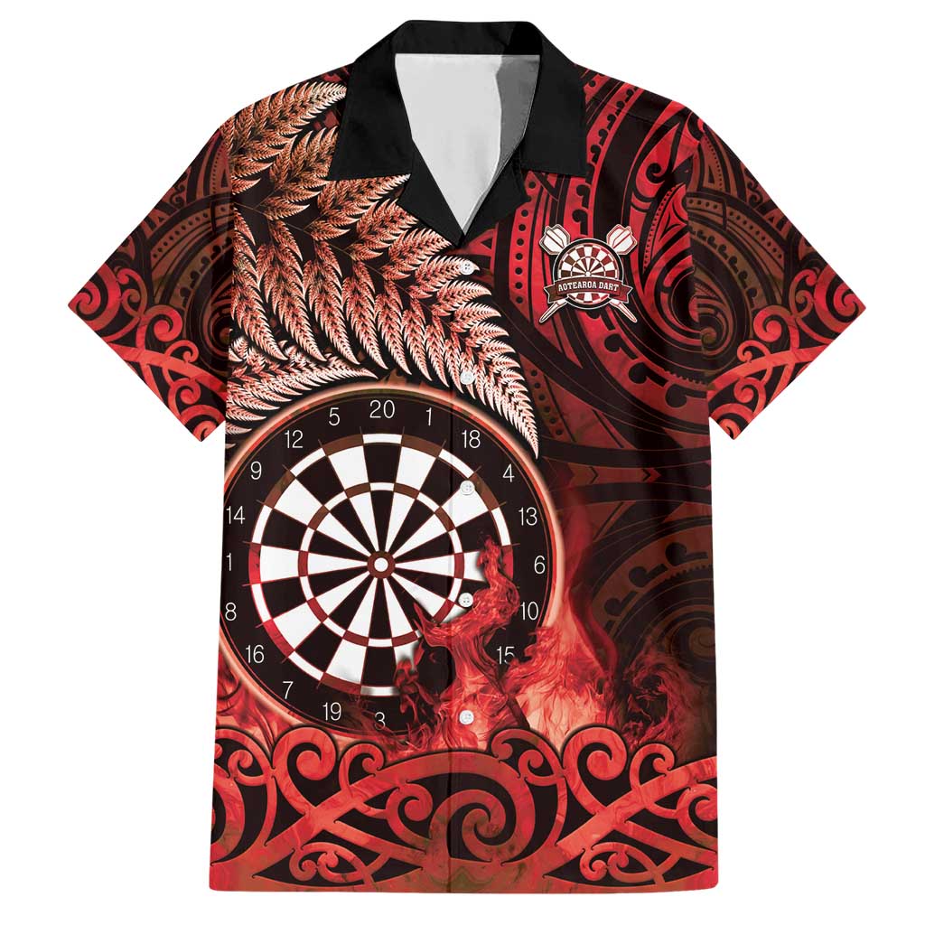 Personalised New Zealand Darts Family Matching Short Sleeve Bodycon Dress and Hawaiian Shirt Maori Koru Dartboard Red Flame
