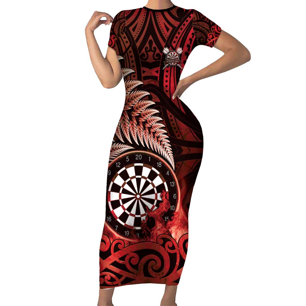 Personalised New Zealand Darts Family Matching Short Sleeve Bodycon Dress and Hawaiian Shirt Maori Koru Dartboard Red Flame