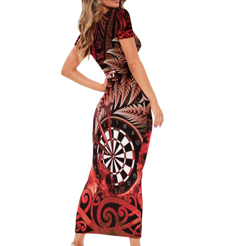 Personalised New Zealand Darts Family Matching Short Sleeve Bodycon Dress and Hawaiian Shirt Maori Koru Dartboard Red Flame