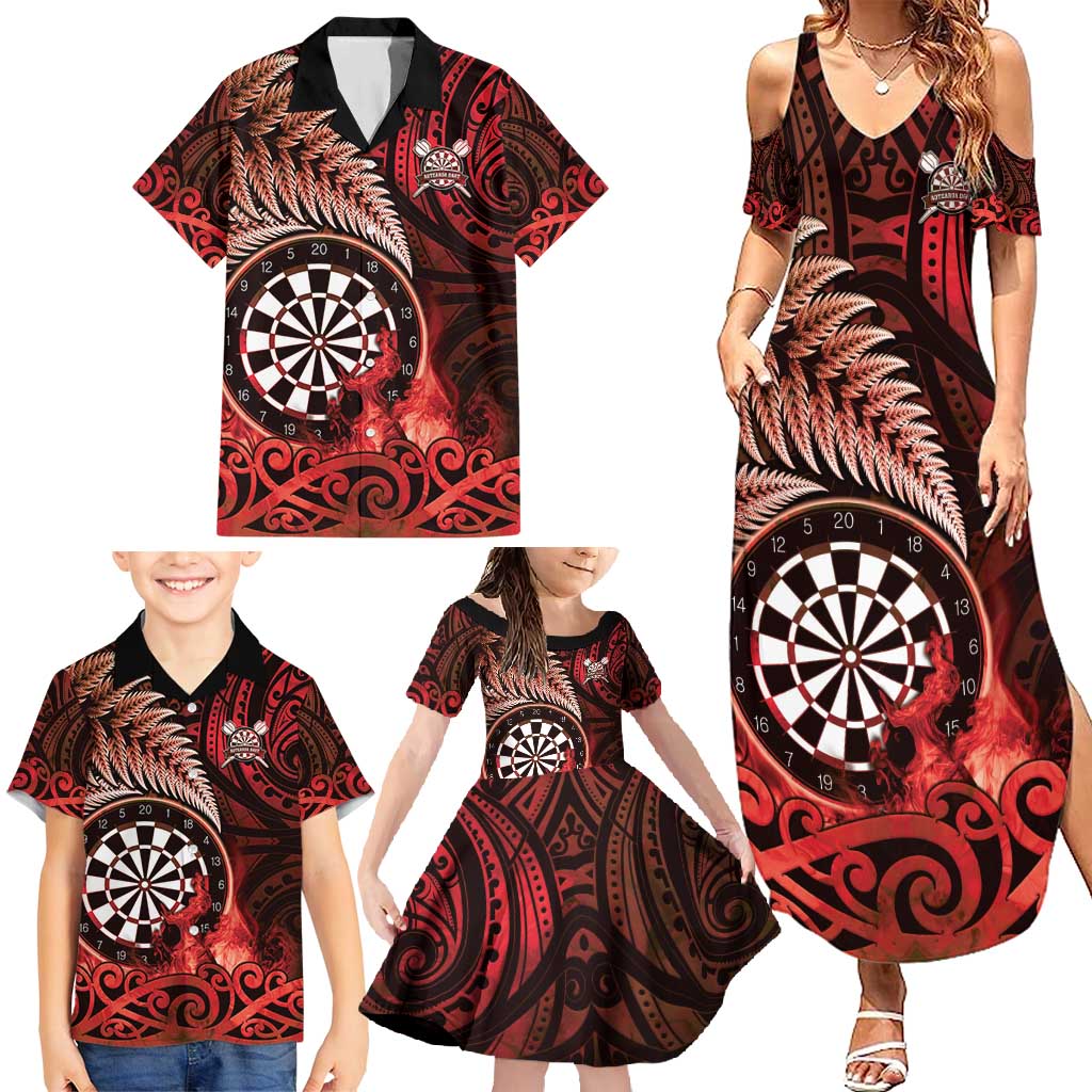 Personalised New Zealand Darts Family Matching Summer Maxi Dress and Hawaiian Shirt Maori Koru Dartboard Red Flame