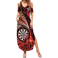 Personalised New Zealand Darts Family Matching Summer Maxi Dress and Hawaiian Shirt Maori Koru Dartboard Red Flame