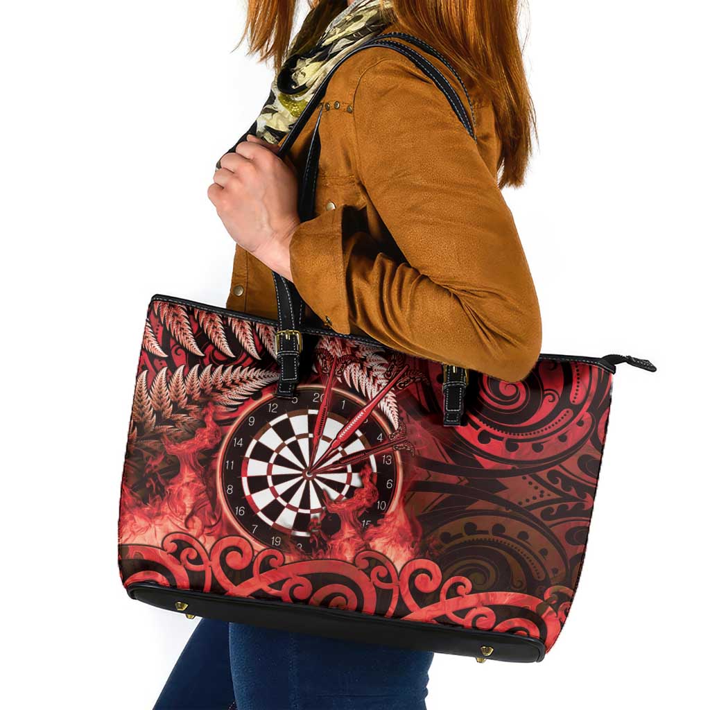 New Zealand Darts Leather Tote Bag Maori Koru Dartboard Red Flame
