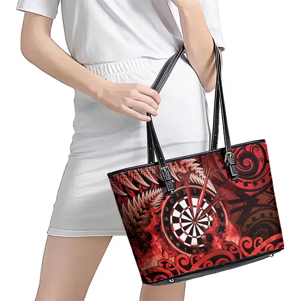 New Zealand Darts Leather Tote Bag Maori Koru Dartboard Red Flame