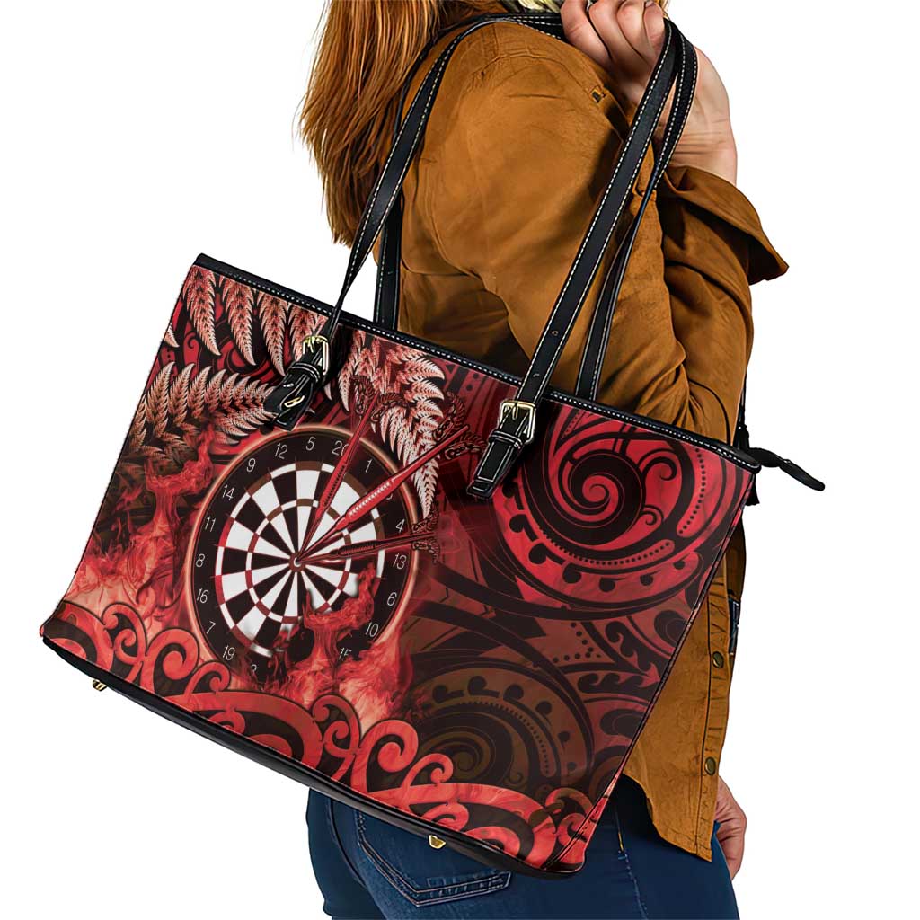 New Zealand Darts Leather Tote Bag Maori Koru Dartboard Red Flame
