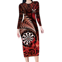 Personalised New Zealand Darts Long Sleeve Bodycon Dress Maori Koru Dartboard Red Flame