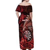 Personalised New Zealand Darts Off Shoulder Maxi Dress Maori Koru Dartboard Red Flame