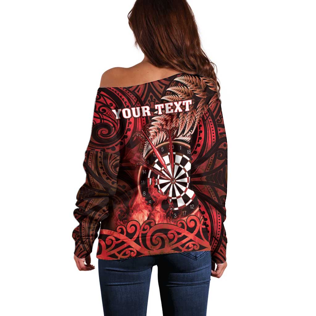 Personalised New Zealand Darts Off Shoulder Sweater Maori Koru Dartboard Red Flame