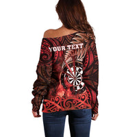 Personalised New Zealand Darts Off Shoulder Sweater Maori Koru Dartboard Red Flame