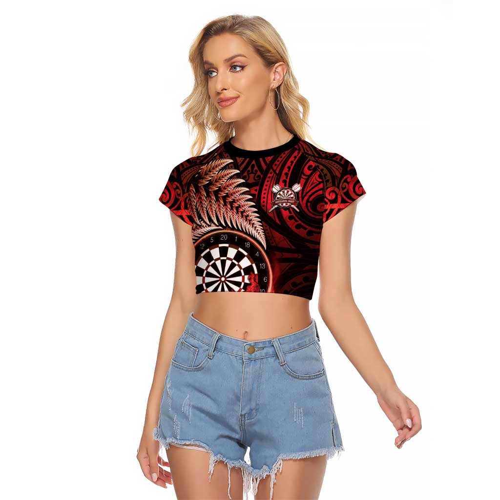 Personalised New Zealand Darts Raglan Cropped T Shirt Maori Koru Dartboard Red Flame