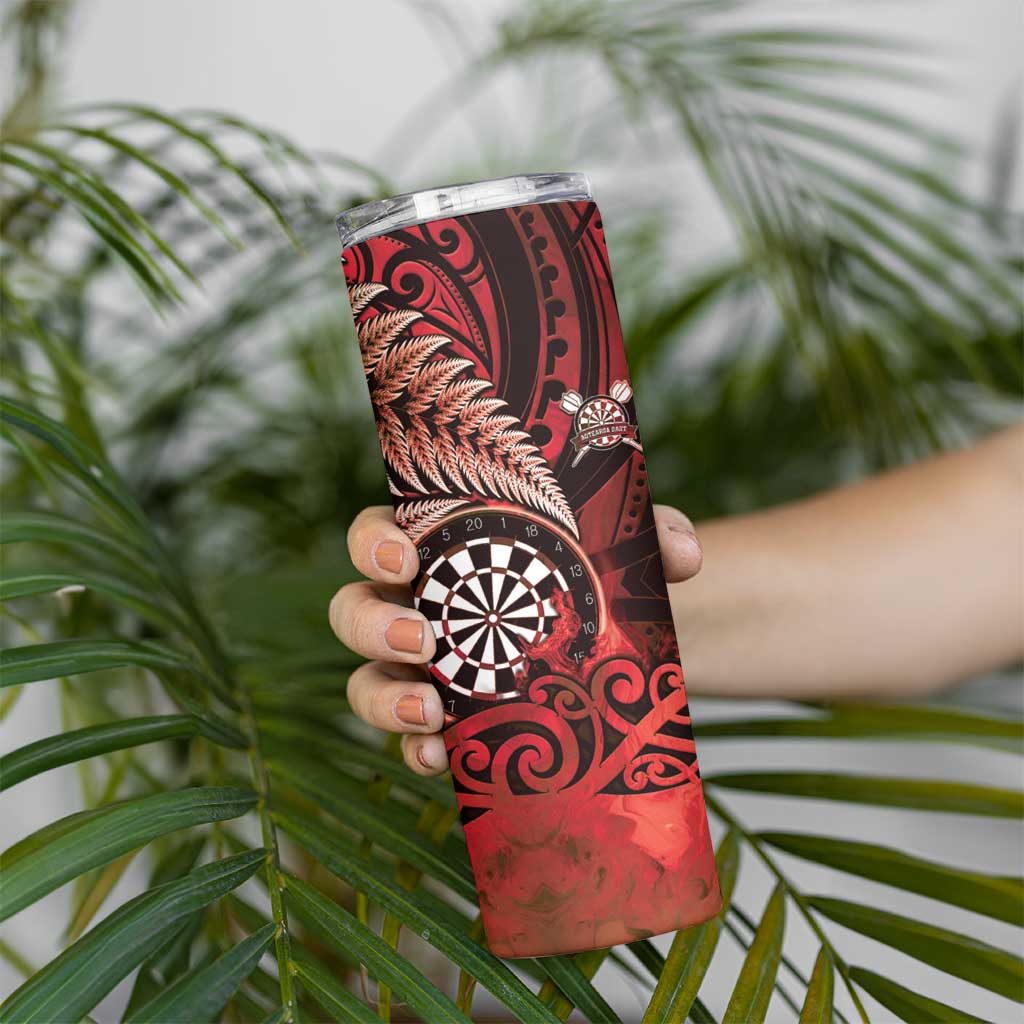 Personalised New Zealand Darts Skinny Tumbler Maori Koru Dartboard Red Flame