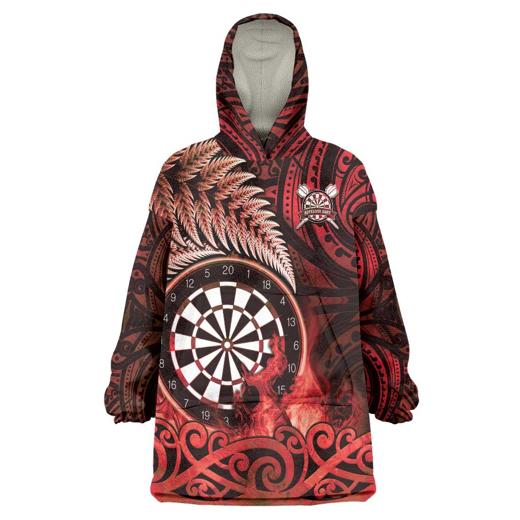 Personalised New Zealand Darts Wearable Blanket Hoodie Maori Koru Dartboard Red Flame