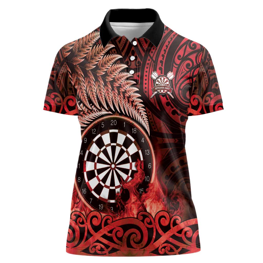 Personalised New Zealand Darts Women Polo Shirt Maori Koru Dartboard Red Flame