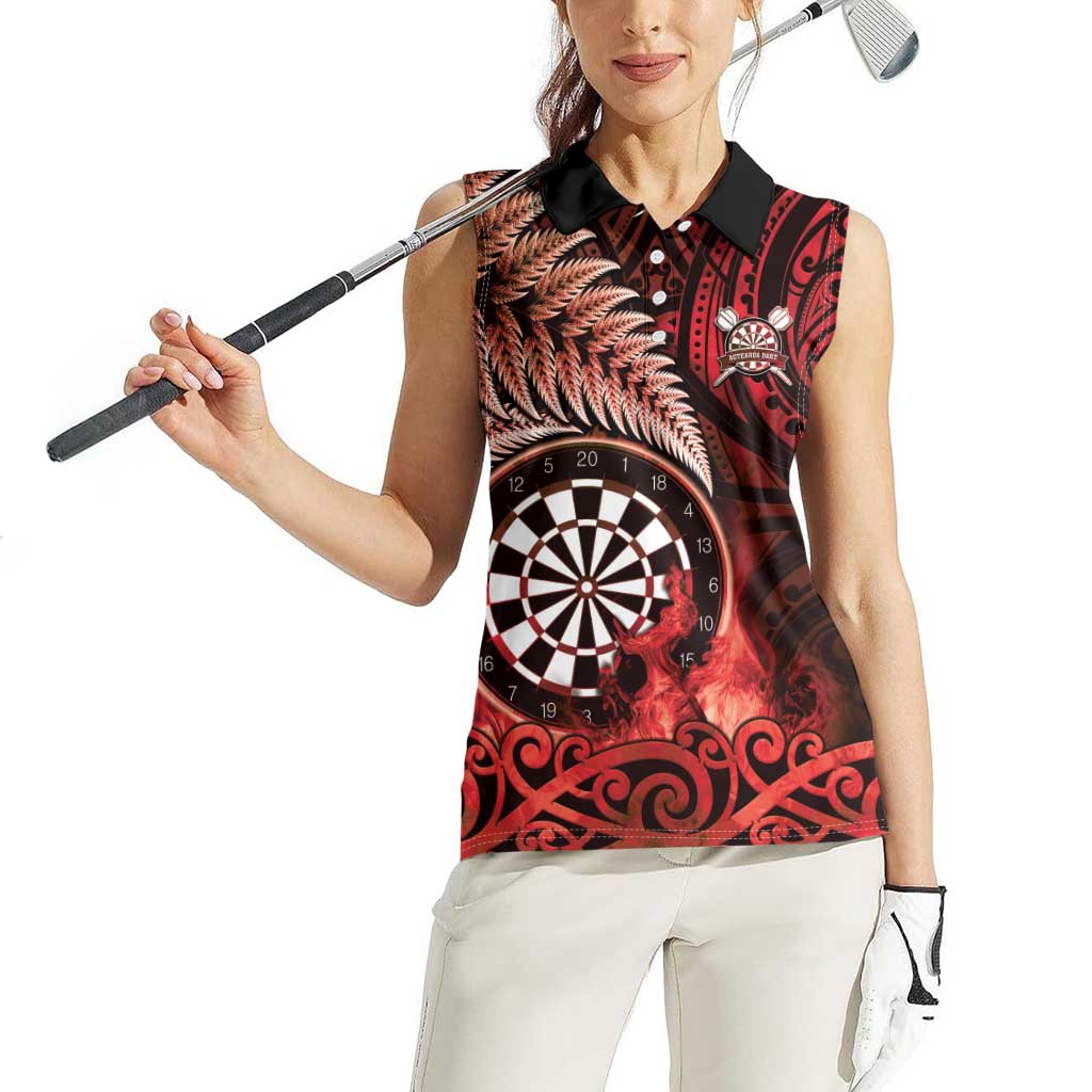 Personalised New Zealand Darts Women Sleeveless Polo Shirt Maori Koru Dartboard Red Flame
