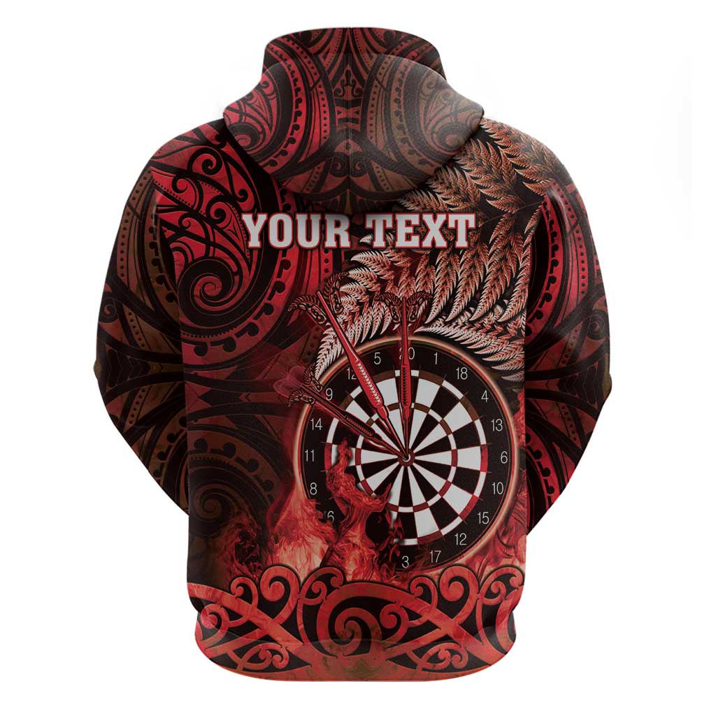 Personalised New Zealand Darts Zip Hoodie Maori Koru Dartboard Red Flame