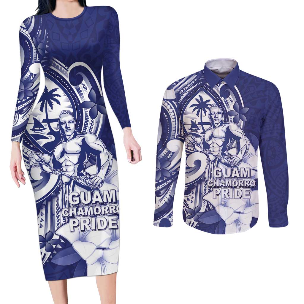 Guam Chief Quipuha Couples Matching Long Sleeve Bodycon Dress and Long Sleeve Button Shirt Polynesian Pattern With Guasali Flowers