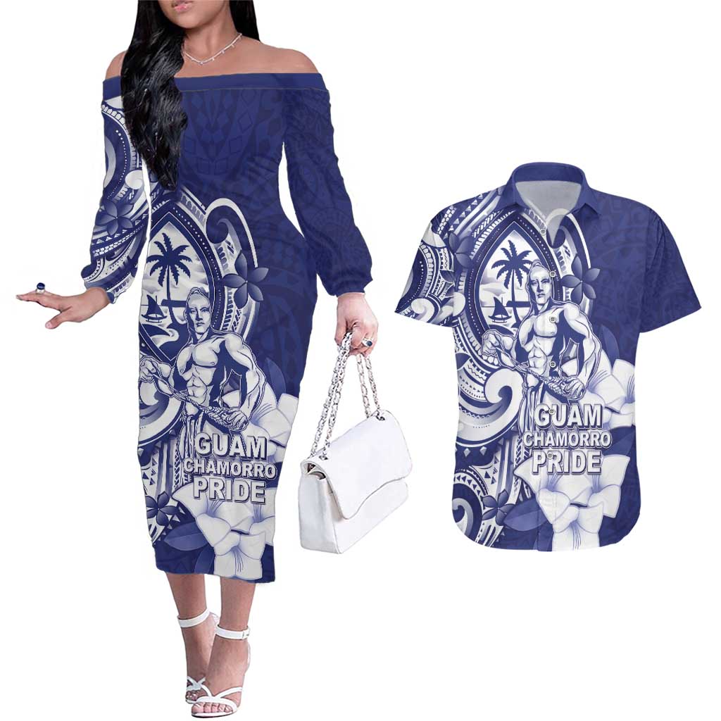 Guam Chief Quipuha Couples Matching Off The Shoulder Long Sleeve Dress and Hawaiian Shirt Polynesian Pattern With Guasali Flowers