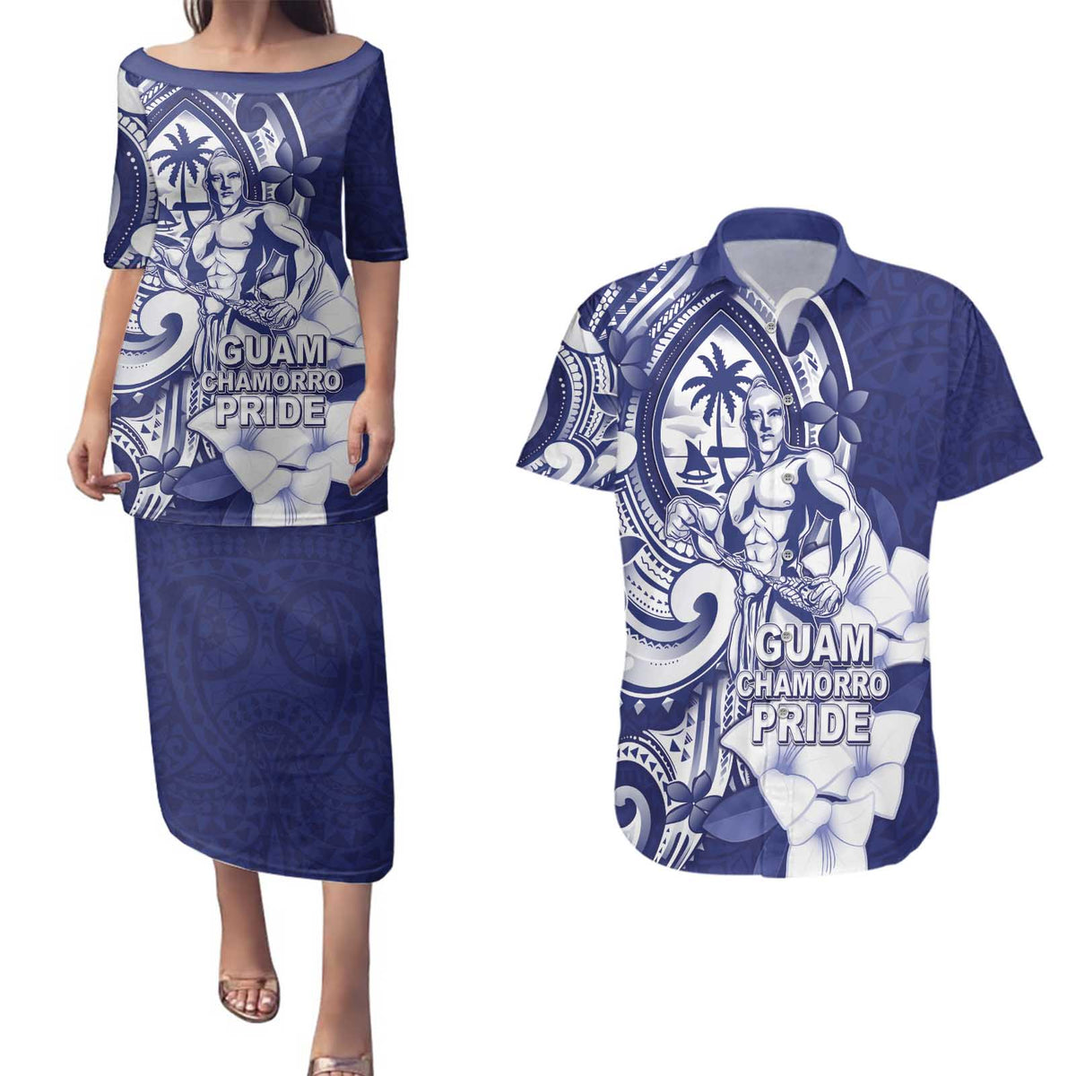 Guam Chief Quipuha Couples Matching Puletasi and Hawaiian Shirt Polynesian Pattern With Guasali Flowers