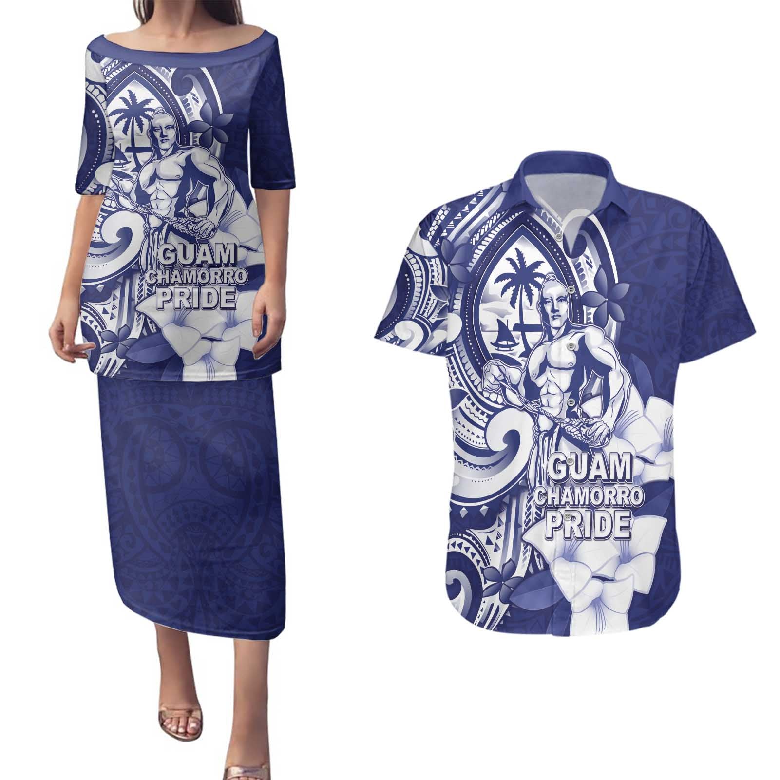 Guam Chief Quipuha Couples Matching Puletasi and Hawaiian Shirt Polynesian Pattern With Guasali Flowers