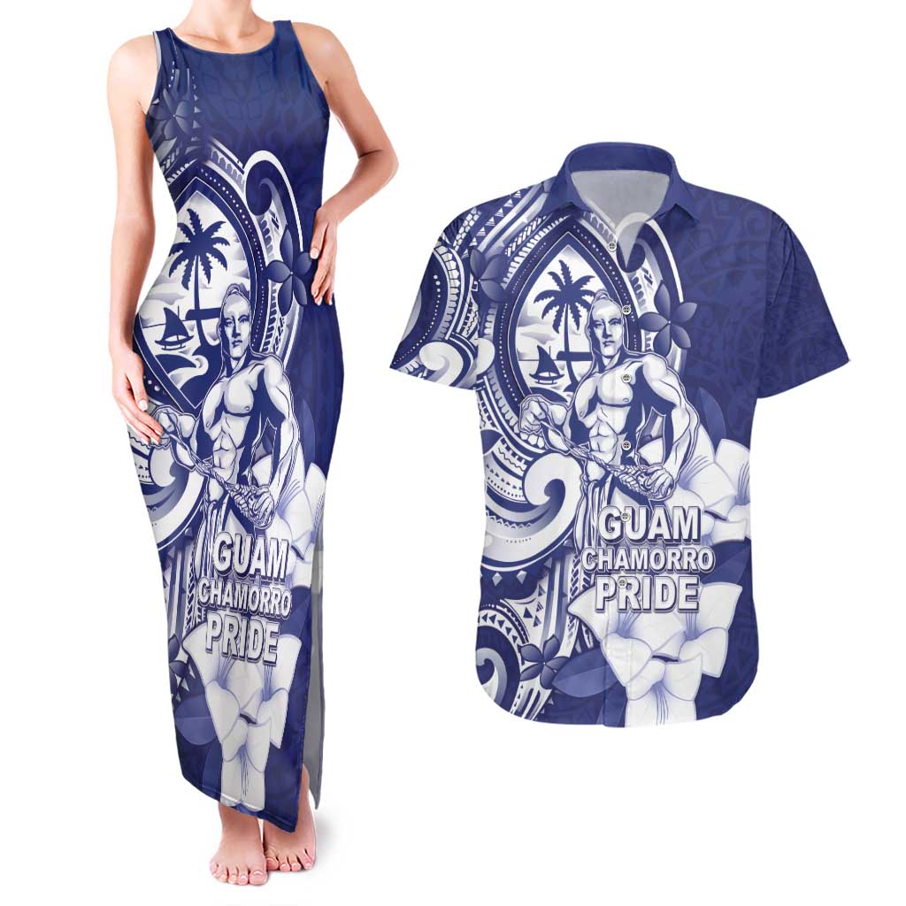 Guam Chief Quipuha Couples Matching Tank Maxi Dress and Hawaiian Shirt Polynesian Pattern With Guasali Flowers
