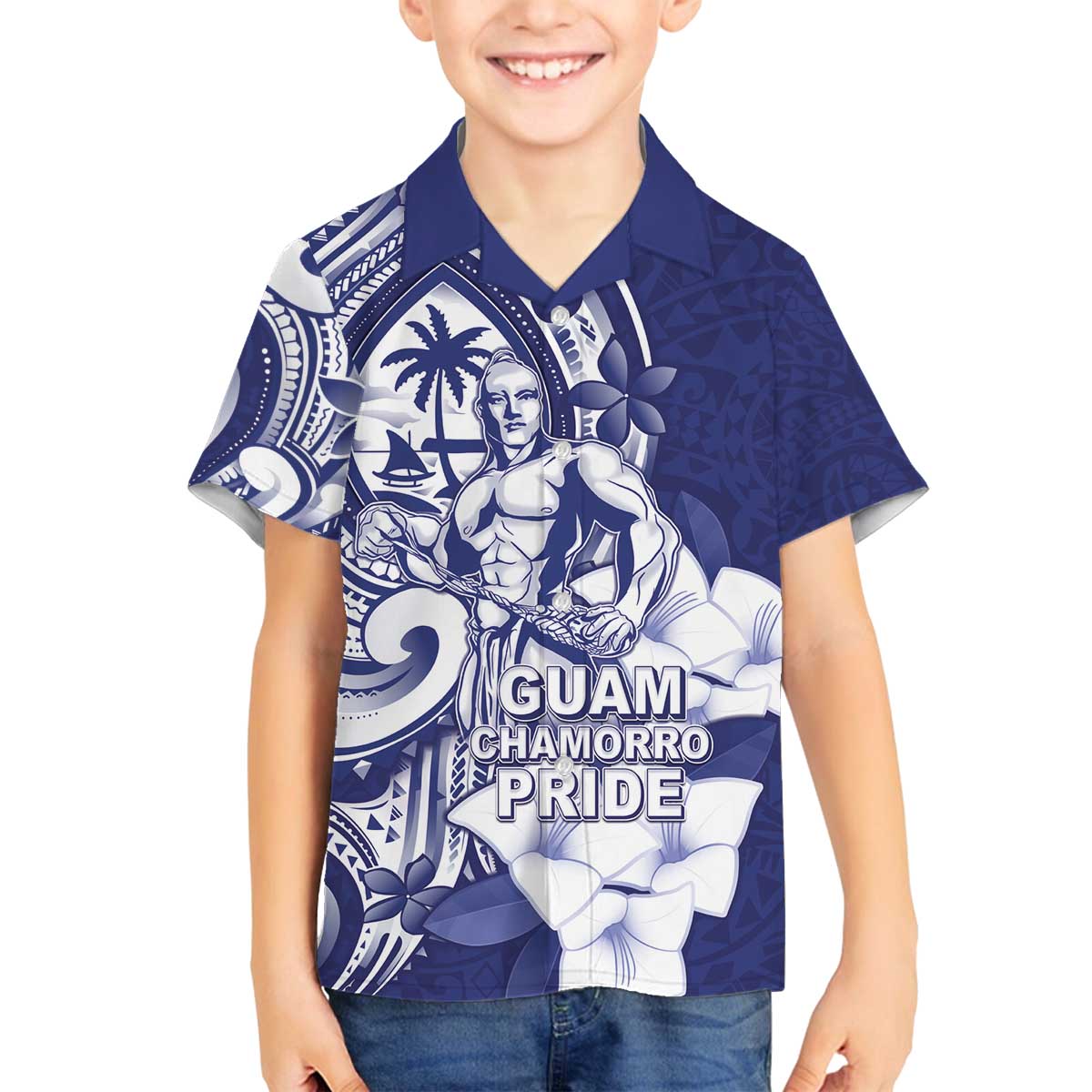 Guam Chief Quipuha Family Matching Off The Shoulder Long Sleeve Dress and Hawaiian Shirt Polynesian Pattern With Guasali Flowers