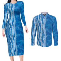 Hawaii Prince Kuhio Couples Matching Long Sleeve Bodycon Dress and Long Sleeve Button Shirt Blue Hawaiian Lau Maia With Leis