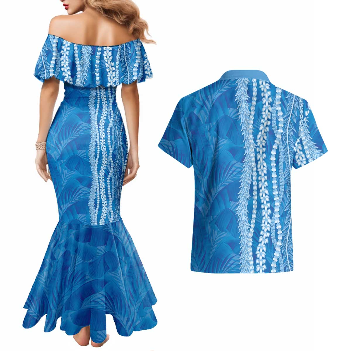Hawaii Prince Kuhio Couples Matching Mermaid Dress and Hawaiian Shirt Blue Hawaiian Lau Maia With Leis