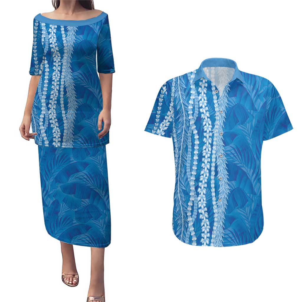 Hawaii Prince Kuhio Couples Matching Puletasi and Hawaiian Shirt Blue Hawaiian Lau Maia With Leis LT05 Blue - Polynesian Pride