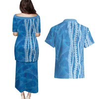 Hawaii Prince Kuhio Couples Matching Puletasi and Hawaiian Shirt Blue Hawaiian Lau Maia With Leis LT05 - Polynesian Pride