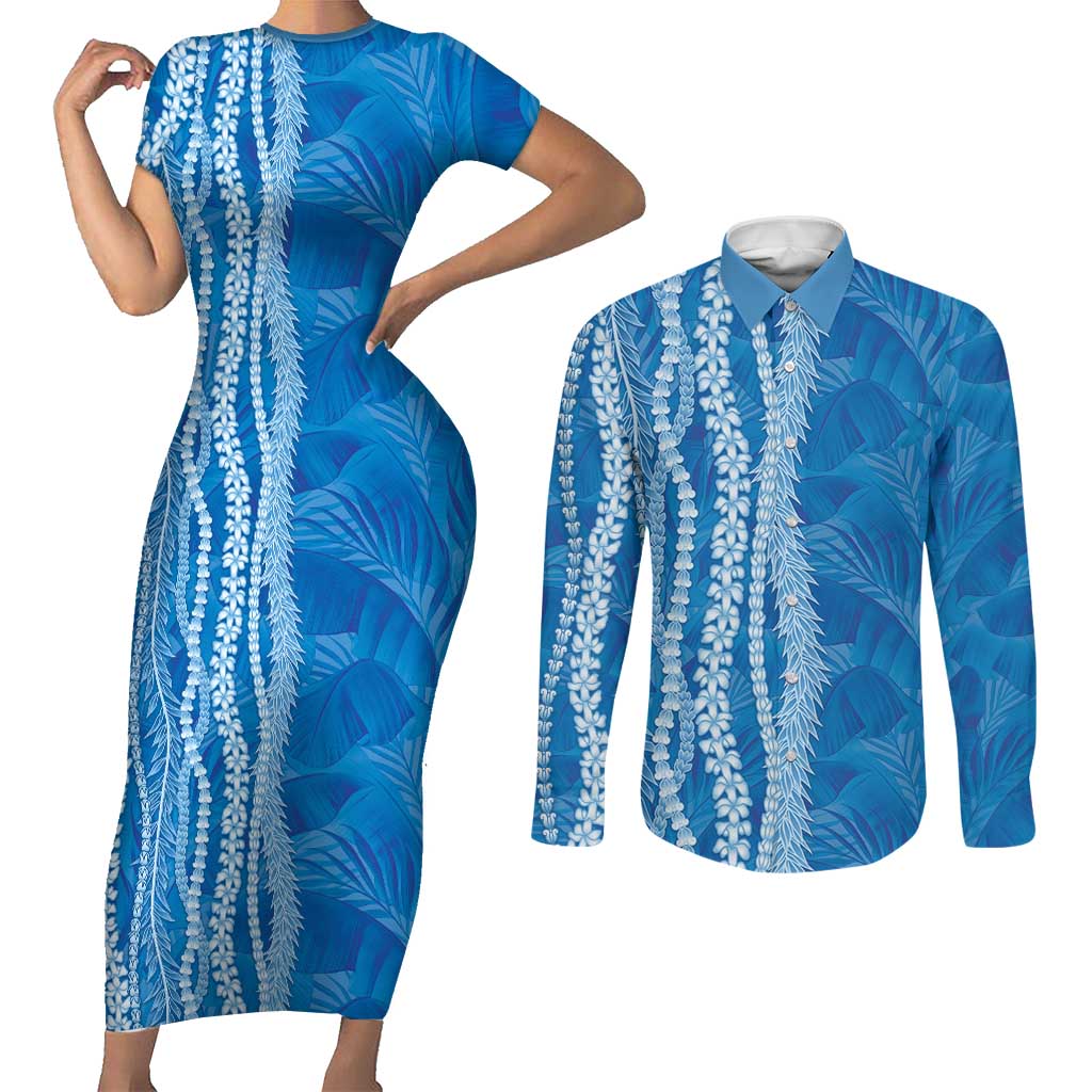 Hawaii Prince Kuhio Couples Matching Short Sleeve Bodycon Dress and Long Sleeve Button Shirt Blue Hawaiian Lau Maia With Leis LT05 Blue - Polynesian Pride