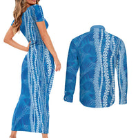 Hawaii Prince Kuhio Couples Matching Short Sleeve Bodycon Dress and Long Sleeve Button Shirt Blue Hawaiian Lau Maia With Leis LT05 - Polynesian Pride