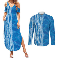 Hawaii Prince Kuhio Couples Matching Summer Maxi Dress and Long Sleeve Button Shirt Blue Hawaiian Lau Maia With Leis LT05 Blue - Polynesian Pride